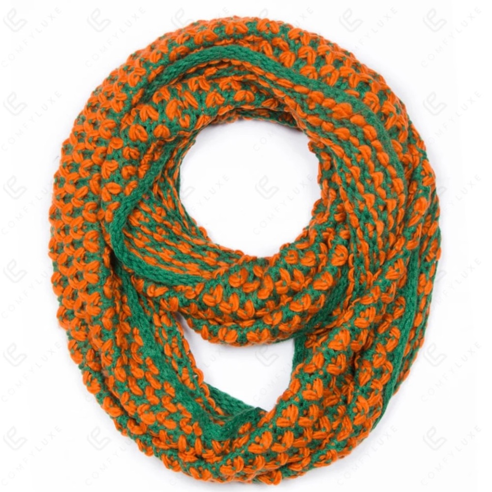 Orange and Green Knit Infinity Scarf